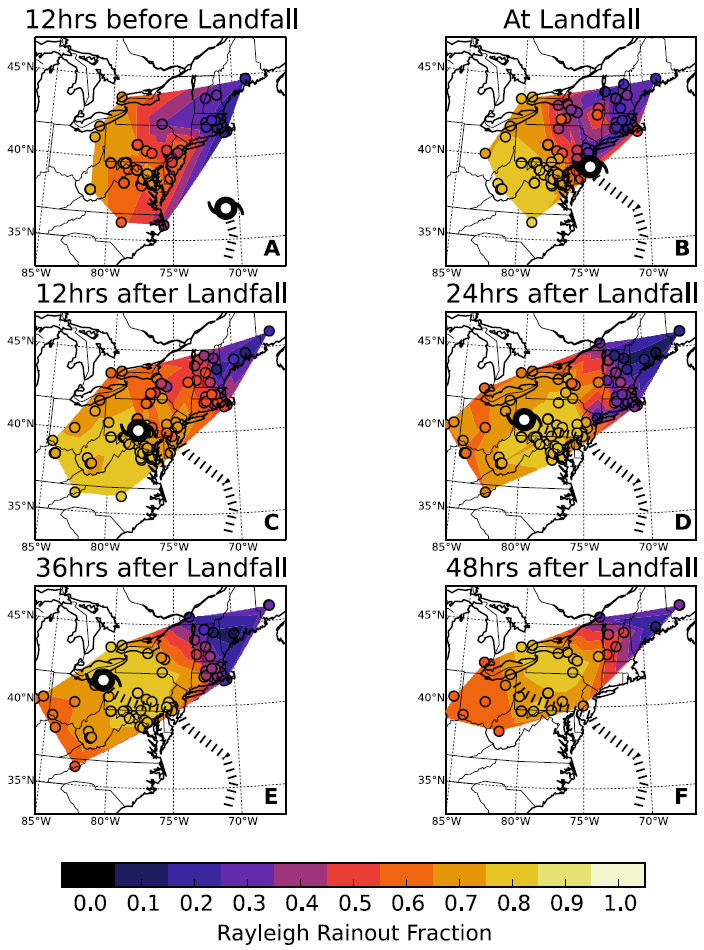 The spatio-temporal evolution of precipitation efficiency during Superstorm Sandy based on data samples collected during the storm and Lagrangian back-trajectory modeling (from Good et. al. 2014b)