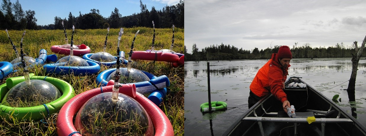 Methane ebullition traps ready to deploy (left) and collecting ebullition gas samples from the wetland to analyze through the Picarro G2201-i (right)