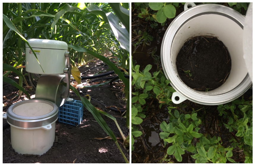 eosAC chamber field-deployed with a modified 15 cm collar (left), and an example of similar soil moisture inside and outside of collar (right).