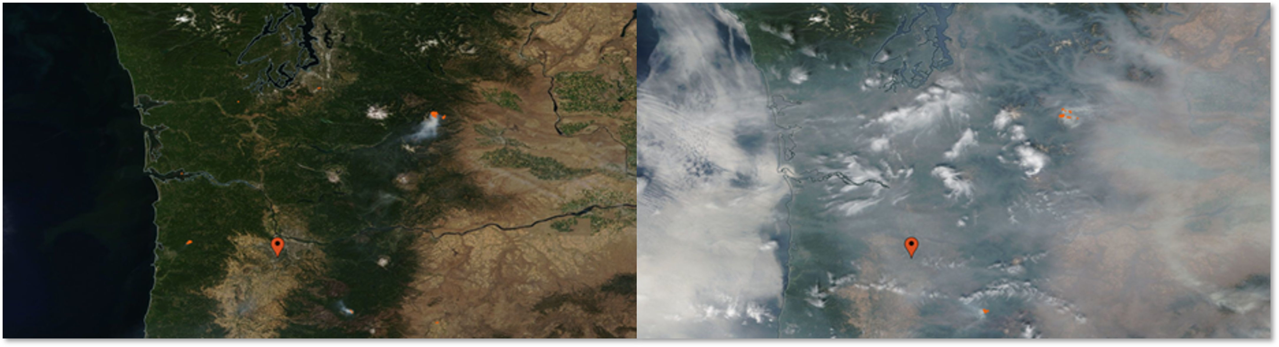 Figure 6: Wildfire plumes in OR and WA on August 9th (left) and 13th (right).